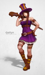 Rule 34 | 1girl, alternate costume, arm strap, bad id, bad pixiv id, bare shoulders, boots, brown eyes, brown hair, caitlyn (league of legends), character name, choker, dress, fingerless gloves, freeinni, gloves, gun, hand on own hip, hat, league of legends, lips, lipstick, long hair, makeup, nose, over shoulder, rifle, solo, strapless, strapless dress, thigh strap, top hat, watch, weapon, weapon over shoulder, wristwatch