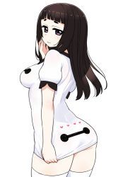 Rule 34 | 1girl, ass, baymax, baymax (cosplay), big hero 6, black hair, blush, bodycon, breasts, chan co, cosplay, cowboy shot, hime cut, long hair, looking at viewer, looking back, medium breasts, personification, purple eyes, short sleeves, simple background, solo, standing, thighhighs, white background, white thighhighs, zettai ryouiki