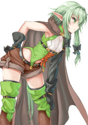 Rule 34 | 1girl, armpits, black bow, black gloves, boots, bow, brown cape, brown shorts, cape, elf, gloves, goblin slayer!, green eyes, green hair, green thighhighs, hair bow, hand on own hip, hand on own knee, high elf archer (goblin slayer!), leaning forward, looking to the side, pointy ears, profile, short hair, short hair with long locks, shorts, sidelocks, solo, standing, thighhighs, wagashi (yokotejn)