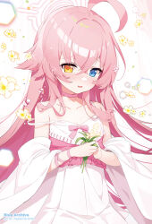 Rule 34 | 1girl, ahoge, alternate costume, apple caramel, artist name, bare shoulders, blue archive, blue eyes, blush, detached sleeves, dress, hair between eyes, halo, heterochromia, highres, hoshino (blue archive), long hair, open mouth, pink hair, pink halo, solo, white dress, white sleeves, wide sleeves, yellow eyes