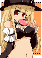 Rule 34 | bare shoulders, black dress, blonde hair, blush, bow, bowtie, bra, breasts, buckle, candy, capcom, capcom fighting jam, cleavage, collar, covered erect nipples, detached sleeves, dress, food, frills, hat, ingrid (capcom), large breasts, lingerie, lollipop, long hair, maid, midnight bliss, midriff, red eyes, ribbon, shirogane (platinum), solo, swirl lollipop, top hat, underwear