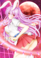Rule 34 | 1girl, animal ears, ass, belt, breasts, covered erect nipples, danmaku, from behind, full moon, glowing, glowing eye, highres, large breasts, light purple hair, long hair, looking at viewer, looking back, lunatic gun, miniskirt, moon, necktie, no panties, open clothes, open mouth, open shirt, pink skirt, puffy sleeves, rabbit ears, rabbit girl, rabbit tail, red eyes, red moon, reisen udongein inaba, shirt, short sleeves, skirt, solo, sturm (arowana kingyo), tail, touhou, upskirt