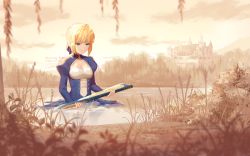 Rule 34 | 1girl, ahoge, artist name, artoria pendragon (all), artoria pendragon (fate), avalon (fate/stay night), backlighting, blonde hair, blue bow, blue dress, blurry, blurry foreground, bow, braid, breasts, castle, closed mouth, cloud, commentary request, cross-laced clothes, day, depth of field, dress, fate/stay night, fate/zero, fate (series), grass, green eyes, hair bow, holding, juliet sleeves, lake, long sleeves, looking away, looking down, outdoors, partially submerged, plant, pond, puffy sleeves, rimuu, saber (fate), scabbard, sheath, short hair, sidelocks, sky, small breasts, smile, solo, water, watermark, web address