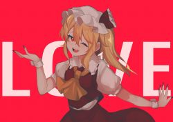 Rule 34 | 1girl, ;d, ascot, blonde hair, collar, commentary, crystal, flandre scarlet, frilled collar, frilled shirt collar, frills, hair between eyes, hat, hat ribbon, highres, majime joe, medium hair, mob cap, nail polish, one eye closed, one side up, open mouth, puffy short sleeves, puffy sleeves, red background, red eyes, red nails, red ribbon, red skirt, red vest, ribbon, short sleeves, sidelocks, skirt, smile, solo, symbol-only commentary, teeth, touhou, upper teeth only, vest, white hat, wings, wrist cuffs, yellow ascot