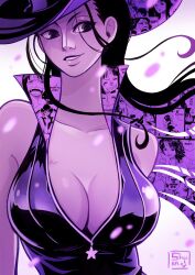 Rule 34 | 1girl, absurdres, artist name, breasts, cleavage, collared shirt, commentary, cowboy hat, english commentary, floating hair, hat, highres, large breasts, long hair, looking to the side, nico robin, one piece, purple theme, shirt, shuravf, sidelocks, simple background, sleeveless, sleeveless shirt, smile, solo, upper body