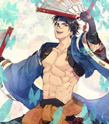 Rule 34 | 1boy, abs, belt buckle, blue headwear, brown eyes, buckle, bug, butterfly, collarbone, fingerless gloves, folding fan, glasses, gloves, guilty gear, guilty gear strive, hand fan, highres, insect, japanese clothes, male focus, mito anji, muscular, muscular male, pectoral cleavage, pectorals, rolling anco, short hair, simple background, smile, solo focus, white background, wide sleeves