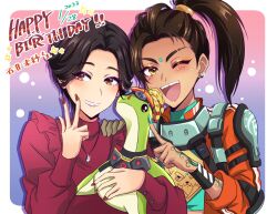 Rule 34 | 2girls, animification, apex legends, arm tattoo, black hair, brown eyes, brown hair, dark-skinned female, dark skin, eyeshadow, facial mark, forehead mark, frilled shirt, frills, glint, hand on another&#039;s shoulder, highres, holding, holding stuffed toy, ishii misa, jacket, jewelry, kiraki, looking at viewer, looking to the side, makeup, mole, mole above mouth, multiple girls, necklace, nessie (respawn), one eye closed, open mouth, orange jacket, parted hair, pointing, ponytail, portrait, rampart (apex legends), real life, red eyes, red eyeshadow, red shirt, rumble ready rampart, shirt, short hair, smile, stuffed toy, tattoo, tooth gap, voice actor