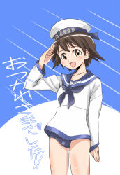 1girl brown_eyes brown_hair female_focus hat highres miyafuji_yoshika one-piece_swimsuit sailor salute school_swimsuit short_hair solo strike_witches swimsuit swimsuit_under_clothes vt_(ytoh02) world_witches_series