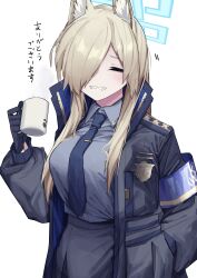 Rule 34 | 1girl, ^ ^, absurdres, animal ears, armband, asymmetrical bangs, blonde hair, blue archive, blue armband, blue jacket, blue necktie, blue shirt, blush, breasts, closed eyes, commentary request, cup, grin, hair over one eye, halo, hand in pocket, highres, holding, holding cup, jacket, kanna (blue archive), large breasts, long bangs, mug, necktie, one eye covered, police, police uniform, policewoman, sharp teeth, shirt, shirt tucked in, simple background, smile, solo, teeth, translation request, uniform, vivo (vivo sun 0222), white background