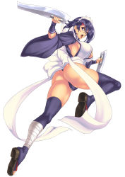Rule 34 | 1girl, :o, arm guards, ass, bad id, bad pixiv id, bandages, black hair, black thighhighs, blade, blue eyes, bow, breasts, cameltoe, choker, cleavage, covered erect nipples, dual wielding, fighting stance, flipped hair, hair between eyes, hair ornament, hairclip, highres, holding, iroha (samurai spirits), jumping, kneepits, lace, large breasts, leg lift, looking at viewer, looking back, maid, maid headdress, ninja, partially visible vulva, platform footwear, rokko, samurai spirits, sandals, sash, short hair, shouting, sideboob, simple background, single toe, snk, solo, thick thighs, thighhighs, thighs, thong, toeless legwear, toes, weapon, white background, wide sleeves