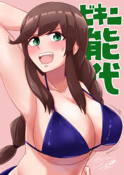 Rule 34 | 1girl, arm behind back, bikini, blue bikini, braid, breasts, brown hair, character name, cleavage, commentary request, green eyes, highres, kaminashi yamato, kantai collection, large breasts, noshiro (kancolle), open mouth, pink background, smile, solo, swept bangs, swimsuit, teeth, twin braids, upper body, upper teeth only