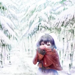 Rule 34 | 1girl, animal ears, bamboo, bamboo forest, black hair, breath, rabbit ears, coat, cold, covered mouth, cowboy shot, footprints, forest, inaba tewi, long sleeves, looking away, mittens, nature, red eyes, scarf, scarf over mouth, short hair, snow, snow on head, solo, touhou, winter, yagyu-pix