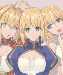 Rule 34 | 3girls, :d, ahoge, aqua eyes, artoria pendragon (all), artoria pendragon (fate), blonde hair, blue eyes, braid, braided ponytail, breasts, choker, cleavage, collarbone, fate/apocrypha, fate/extra, fate/stay night, fate (series), green eyes, grey background, hair between eyes, hair intakes, head tilt, highres, jeanne d&#039;arc (fate), jeanne d&#039;arc (ruler) (fate), long hair, looking at viewer, mall, multiple girls, nero claudius (fate), nero claudius (fate) (all), nero claudius (fate/extra), none (kameko227), open mouth, ponytail, saber (fate), short hair, simple background, sleeveless, smile, upper body