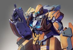 Rule 34 | aldnoah.zero, commentary, from above, glowing, glowing eyes, gradient background, green eyes, gun, highres, holding, holding gun, holding weapon, ichiyon, kg-6 sleipnir, looking ahead, mecha, mecha focus, no humans, robot, solo, upper body, weapon