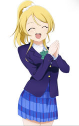 Rule 34 | 1girl, artist name, artist request, ayase eli, black jacket, blonde hair, blue cardigan, blue jacket, blue skirt, blush, bow, bowtie, breasts, cardigan, checkered clothes, checkered skirt, collared shirt, closed eyes, female focus, green bow, hair between eyes, hair ornament, hair scrunchie, high ponytail, jacket, long hair, long sleeves, looking at viewer, love live!, love live! school idol project, miniskirt, open mouth, otonokizaka school uniform, own hands together, parted lips, plaid, plaid skirt, pleated, pleated skirt, ponytail, school uniform, scrunchie, shirt, short hair, short sleeves, skirt, small breasts, smile, solo, striped, striped bow, teeth, white background, white scrunchie, white shirt