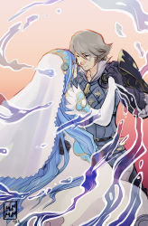 Rule 34 | 1boy, 1girl, armor, artist name, azura (fire emblem), blue hair, brown eyes, closed eyes, dancing, detached sleeves, dress, elbow gloves, fire emblem, fire emblem fates, gloves, gradient background, grey hair, hair ornament, hairband, hand on own hip, hetero, highres, holding hands, jewelry, laslow (fire emblem), long hair, looking at another, madqueenmom, madqueenmomo, nintendo, nose, open mouth, simple background, smile, very long hair, water, white gloves