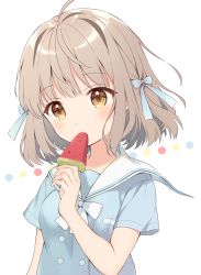 Rule 34 | 1girl, blue bow, blue shirt, blush, bow, breasts, brown eyes, brown hair, commentary request, covered mouth, food, hair bow, hair intakes, hand up, highres, holding, holding food, looking at viewer, original, popsicle, sailor collar, school uniform, serafuku, shirt, short sleeves, simple background, small breasts, solo, upper body, uramakaron, watermelon bar, white background, white bow, white sailor collar