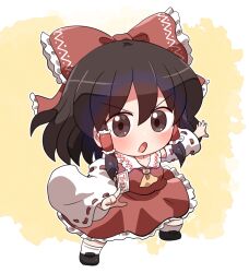 Rule 34 | 1girl, :o, artist name, ascot, between fingers, black footwear, bow, brown eyes, brown hair, chibi, collared shirt, commentary request, detached sleeves, frilled bow, frilled hair tubes, frilled skirt, frills, full body, hair bow, hair tubes, hakurei reimu, holding, holding paper, light blush, long sleeves, looking at viewer, ofuda, ofuda between fingers, open mouth, outstretched arm, paper, print bow, print collar, red bow, red ribbon, red shirt, red skirt, ribbon, ribbon-trimmed sleeves, ribbon trim, rokugou daisuke, shirt, short hair, skirt, sleeveless, sleeveless shirt, socks, solo, standing, tareme, touhou, two-tone background, white background, white socks, wide sleeves, yellow ascot, yellow background