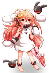 Rule 34 | 1girl, :3, alternate costume, antenna hair, bad id, bad pixiv id, barefoot, black ribbon, cosplay, crescent, crescent hair ornament, dress, fang, fangs, full body, hair between eyes, hair ornament, hair ribbon, kantai collection, long hair, mittens, northern ocean hime (cosplay), northern ocean princess, open mouth, pink hair, rabbit hair ornament, red eyes, ribbon, sills, simple background, solo, uzuki (kancolle), white background, white dress