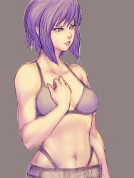 Rule 34 | 1girl, bikini, bra, breasts, fumio (rsqkr), ghost in the shell, hand on own chest, kusanagi motoko, lingerie, navel, pants, purple hair, short hair, simple background, sketch, solo, swimsuit, underwear