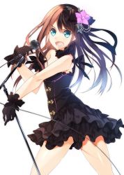 Rule 34 | 10s, 1girl, :d, bad id, bad pixiv id, black dress, black gloves, black hair, blue eyes, cable, dress, frills, gloves, highres, holding, idol, idolmaster, idolmaster cinderella girls, kureaki (exit), long hair, microphone, microphone stand, multicolored hair, open mouth, shibuya rin, simple background, smile, solo, two-tone hair, white background