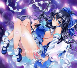 Rule 34 | 1girl, alternate color, ass, at classics, between fingers, black hair, blue dress, blue eyes, bow, breasts, detached sleeves, dress, glowing, glowing petals, gohei, hair bow, hair tubes, hakurei reimu, holding, large breasts, long hair, long sleeves, looking at viewer, marker (medium), mary janes, no bra, petals, player 2, sample watermark, shoes, side slit, sideboob, smile, solo, spell card, touhou, traditional media, upskirt, very long hair, watermark, wide sleeves