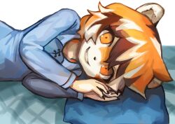 Rule 34 | 1girl, animal ears, arknights, blue shirt, buchi0122, claws, commentary request, furry, furry female, head on pillow, highres, looking at viewer, on bed, orange eyes, shirt, smile, tiger ears, tiger girl, tiger stripes, waai fu (arknights), white background