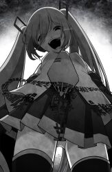 Rule 34 | 1girl, arms at sides, backlighting, boots, breasts, commentary request, cowboy shot, crazy smile, detached sleeves, empty eyes, english text, from below, greyscale, hair ornament, hair over one eye, half-closed eyes, hatsune miku, head tilt, highres, kotoko0, language request, long bangs, long hair, looking at viewer, looking down, miniskirt, mixed-language text, monochrome, necktie, open mouth, panties, pantyshot, pleated skirt, raised eyebrows, sanpaku, shirt, skirt, sleeveless, sleeveless shirt, small breasts, smile, solo, standing, thigh boots, tie clip, translation request, twintails, twitter username, uminaoshi (vocaloid), underwear, uterus, vocaloid, watermark