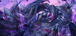 Rule 34 | absurdres, claws, debris, dragon, eating403, extra arms, foreshortening, glowing horns, glowing mouth, gore magala, highres, horns, monster, monster hunter (series), no eyes, no humans, open mouth, purple theme, scales, talons, wings