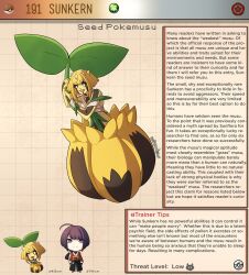 Rule 34 | 1boy, 1girl, artist name, black sclera, blonde hair, character name, character profile, colored sclera, colored skin, commentary, creatures (company), english commentary, english text, game freak, gen 2 pokemon, highres, kinkymation, leaf, monster girl, nintendo, open mouth, personification, plant girl, poke ball, poke ball (basic), pokemon, purple hair, short hair, sunkern, teeth, upper teeth only, white eyes, yellow skin