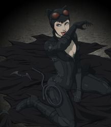 Rule 34 | 1girl, animal ears, batman (series), belt, blue eyes, breasts, cat ears, cat tail, catwoman, claws, dc comics, elbow gloves, gb (doubleleaf), gloves, goggles, goggles on head, helmet, high heels, large breasts, leotard, lips, short hair, smile, solo, squatting, tail, whip
