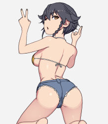 Rule 34 | 1girl, absurdres, ass, bikini, black hair, blue shorts, braid, breasts, brown eyes, double v, girls und panzer, highres, large breasts, looking at viewer, onsen tamago (hs egg), open mouth, pepperoni (girls und panzer), short hair, shorts, simple background, solo, swimsuit, v, white background, yellow bikini