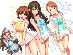 Rule 34 | 4girls, bare legs, black hair, blue neckwear, blunt bangs, blush, breasts, brown hair, buttons, closed mouth, clothes writing, collarbone, commentary request, dress shirt, green eyes, grey skirt, highres, hojo karen, honda mio, idolmaster, idolmaster cinderella girls, kamiya nao, kezune (i- -i), large breasts, long sleeves, looking at viewer, medium breasts, miniskirt, multiple girls, naked shirt, necktie, open mouth, outstretched arm, pleated skirt, ponytail, red eyes, school uniform, shibuya rin, shirt, shirt tug, short hair, short sleeves, simple background, skirt, smile, snowflake print, socks, standing, striped neckwear, t-shirt, thick eyebrows, thighs, wavy hair, white background, white shirt, yellow eyes