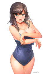 Rule 34 | 1girl, a1 (initial-g), blue one-piece swimsuit, breasts, brown eyes, brown hair, commentary request, covering breasts, covering privates, highres, ichijou hotaru, large breasts, looking at viewer, non non biyori, one-piece swimsuit, open mouth, short hair, simple background, solo, swimsuit, thighs, twitter username, white background
