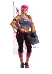 Rule 34 | 1girl, abs, absurdres, armband, bag, breasts, cable, character name, cleavage, collarbone, commentary, completion time, digital media player, duffel bag, earbuds, earphones, front-tie top, full body, hand on own hip, highres, medium breasts, midriff, monori rogue, muscular, muscular female, navel, overwatch, overwatch 1, pants, pink hair, scar, scar across eye, scar on face, see-through, shoes, short hair, sneakers, solo, spandex, sports bra, standing, tank top, tattoo, very short hair, yoga pants, zarya (overwatch)