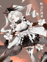 Rule 34 | 1girl, abyssal ship, akino shuu, blush, breasts, cleavage, closed mouth, drill hair, flower, kantai collection, large breasts, long hair, new light cruiser princess, one eye closed, orange eyes, smile, solo, twin drills, twintails, white flower, white hair