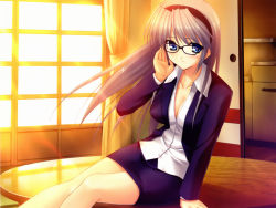 Rule 34 | 00s, 1girl, bare legs, blazer, blue eyes, blush, breasts, business suit, clannad, cleavage, door, female focus, formal, fumio (ura fmo), glasses, grey hair, hairband, highres, indoors, jacket, key (company), legs, long hair, miniskirt, pencil skirt, sakagami tomoyo, shadow, sitting, skirt, skirt suit, solo, straight hair, suit, sunset, tomoyo after, window