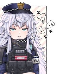Rule 34 | 1girl, black gloves, blue eyes, blue headwear, blush, closed mouth, crossed arms, gloves, goddess of victory: nikke, hat, long hair, poli (nikke), police, police uniform, simple background, solo focus, super0kcal, uniform, white hair