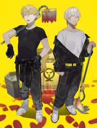 Rule 34 | 2boys, arm at side, belt, biohazard symbol, black gloves, black jacket, black pants, black shirt, blonde hair, blood, blood on clothes, bucket, carrying over shoulder, clothes around waist, earrings, ex albio, footprints, full body, gloves, grey shirt, hand on own hip, highres, ibrahim (nijisanji), jacket, jewelry, looking at viewer, male focus, mop, multiple boys, nijisanji, off shoulder, open mouth, pants, serita jon, shirt, shoes, short hair, simple background, sneakers, standing, virtual youtuber, viscera cleanup detail, white footwear, yellow background