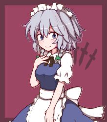 Rule 34 | 1girl, apron, black ribbon, blue dress, blue eyes, blush, border, bow, braid, breasts, commentary request, cowboy shot, dress, frilled apron, frills, green bow, hair between eyes, hair bow, hand on own chest, hand up, izayoi sakuya, looking at viewer, maid, maid apron, maid headdress, medium breasts, neck ribbon, nikori, outside border, puffy short sleeves, puffy sleeves, purple background, purple border, ribbon, shirt, short hair, short sleeves, silver hair, simple background, smile, solo, standing, touhou, twin braids, waist apron, white apron, white shirt