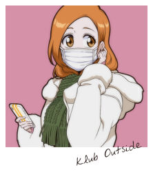 1girl bleach breasts brown_eyes cellphone english_text female_focus highres holding holding_phone inoue_orihime jacket long_hair looking_to_the_side mask medical_mask orange_hair phone rozuberry scarf upper_body