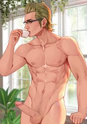 Rule 34 | 1boy, blonde hair, erection, final fantasy, final fantasy xv, glasses, highres, ignis scientia, male focus, maorenc, muscular, nipples, nude, penis, pubic hair, testicles