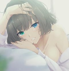 Rule 34 | 1girl, :d, bare shoulders, blue eyes, blurry, blurry foreground, breasts, cleavage, collarbone, curtains, green eyes, green hair, hand in own hair, hand on own head, heterochromia, highres, idolmaster, idolmaster cinderella girls, indoors, light blush, looking at viewer, medium breasts, medium hair, messy hair, mole, mole under eye, nail polish, on bed, open mouth, pillow, ryuu., shirt, shirt slip, sidelocks, smile, solo, takagaki kaede, white shirt
