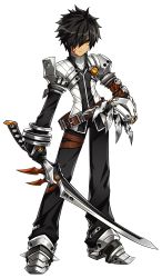 Rule 34 | 1boy, absurdres, artist request, belt, black gloves, black hair, black pants, closed mouth, elsword, expressionless, full body, gloves, hair over one eye, highres, holding, holding sword, holding weapon, jacket, looking at viewer, male focus, mechanical arms, messy hair, official art, pants, raven cronwell, shoes, single mechanical arm, solo, standing, sword, sword taker (elsword), transparent background, weapon, white jacket, yellow eyes