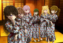 6+girls absurdres artist_request black_hair blonde_hair blue_eyes blue_kimono blush brown_eyes brown_hair closed_mouth cone_hair_bun copyright_name copyright_notice double_bun floral_print floral_print_kimono fusuma green_eyes green_hair hair_bun hand_on_own_cheek hand_on_own_face highres indoors japanese_clothes kasumi_renge kawazu_yuri kimono koudaiji_erika long_hair looking_at_viewer magazine_scan medium_hair megami_magazine momentary_lily multiple_girls official_art pink_eyes pink_hair ponytail print_kimono purple_eyes sakuya_ayame scan sliding_doors smile standing tatami usuzumi_hinageshi yoshino_sazanka yukata