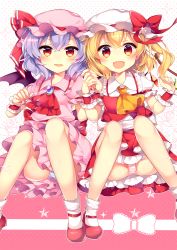 Rule 34 | 2girls, :d, blonde hair, blush, bow, fangs, flandre scarlet, gem, hat, holding hands, interlocked fingers, kurisu sai, looking at viewer, mary janes, multiple girls, open mouth, panties, pantyshot, remilia scarlet, shoes, side-by-side, sitting, skirt, smile, sparkle, star (symbol), striped clothes, striped panties, touhou, tsurime, underwear