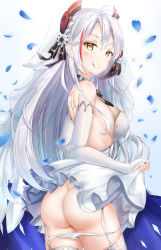 Rule 34 | 1girl, :q, antenna hair, ass, azur lane, bare shoulders, breasts, bridal gauntlets, closed mouth, clothes lift, cowboy shot, dress, dress lift, garter straps, glint, hair ornament, highres, kitin, lifted by self, long hair, looking at viewer, looking back, medium breasts, mole, mole on breast, multicolored hair, panties, panty pull, prinz eugen (azur lane), prinz eugen (symphonic fate) (azur lane), smile, solo, standing, strapless, strapless dress, streaked hair, thighhighs, tongue, tongue out, underwear, veil, very long hair, wedding dress, white dress, white hair, white panties, white thighhighs, yellow eyes