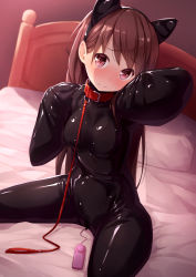 Rule 34 | 1girl, 3:, animal ears, bdsm, bedroom, blush, bodysuit, breasts, brown hair, cat ears, closed mouth, collar, fake animal ears, hairband, indoors, latex, leash, long hair, looking at viewer, medium breasts, on bed, original, piddlefours, purinpu, purple eyes, sex toy, sitting, slave, solo, vibrator