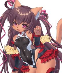 Rule 34 | 1girl, animal ear fluff, animal ears, arm up, black gloves, black leotard, black thighhighs, breasts, brown hair, cat ears, cat girl, cat tail, cosplay, covered erect nipples, covered navel, elbow gloves, fingerless gloves, furry, furry female, gloves, groin, highleg, highleg leotard, highres, leotard, long hair, mizuki yukikaze, mizuki yukikaze (cosplay), original, pink eyes, racal ra, ribbon, simple background, skin tight, small breasts, smile, solo, tail, taimanin (series), taimanin suit, taimanin yukikaze, thighhighs, thighs, two side up, very long hair, white background