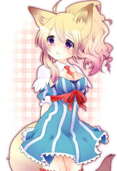 Rule 34 | 1girl, :&lt;, animal ear fluff, animal ears, arms behind back, between breasts, blonde hair, body blush, breasts, checkered background, cleavage, detached collar, dress, fantasy earth zero, fox ears, fox tail, gradient hair, long hair, medium breasts, mofuaki, multicolored hair, necktie, pink hair, ponytail, purple eyes, ribbon, sidelocks, solo, striped, tail, vertical stripes